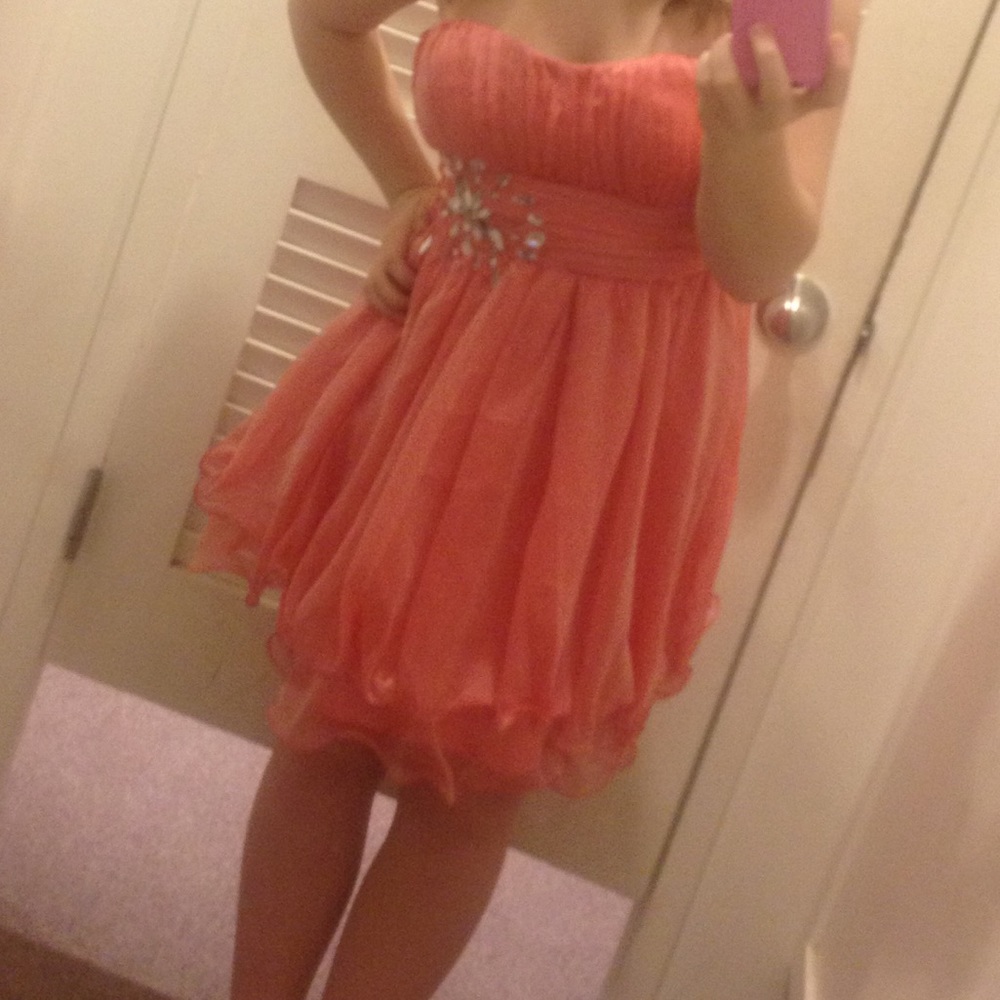 coral strapless homecoming dress